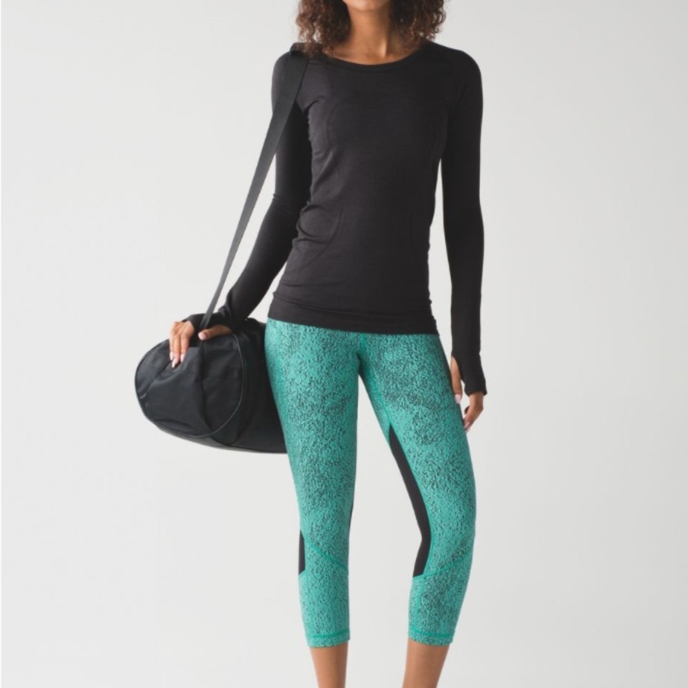 Lululemon Black Long Sleeve Top and Green Patterned Leggings
